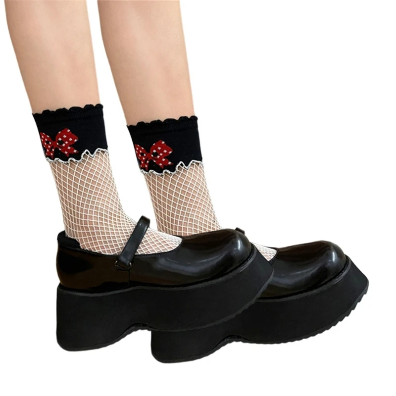 Fashion Summer Women Hollowed Out Fishnet Mesh Splicing Calf Socks Sweet Bowknot Printed Middle Tube Ruffle Frilly Socks