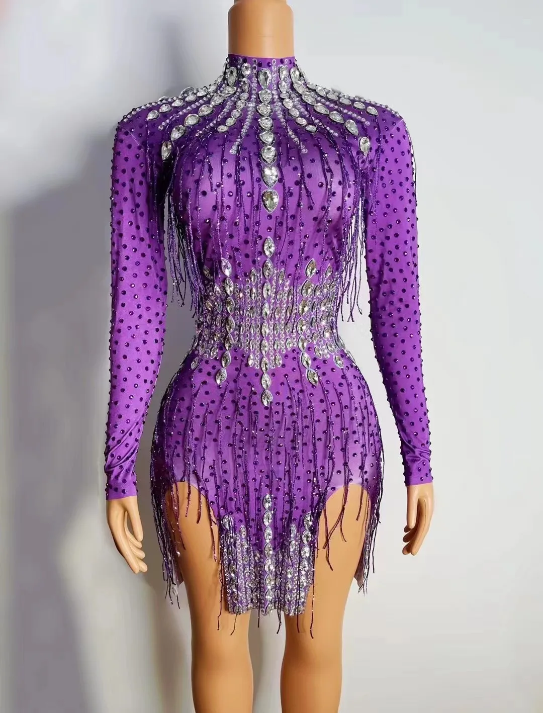 

ShiningRhinestoneTasselPartyPromDressWomenSexyPurpleBirthday CelebrationCrystalDressDancerFringesDressStageWear