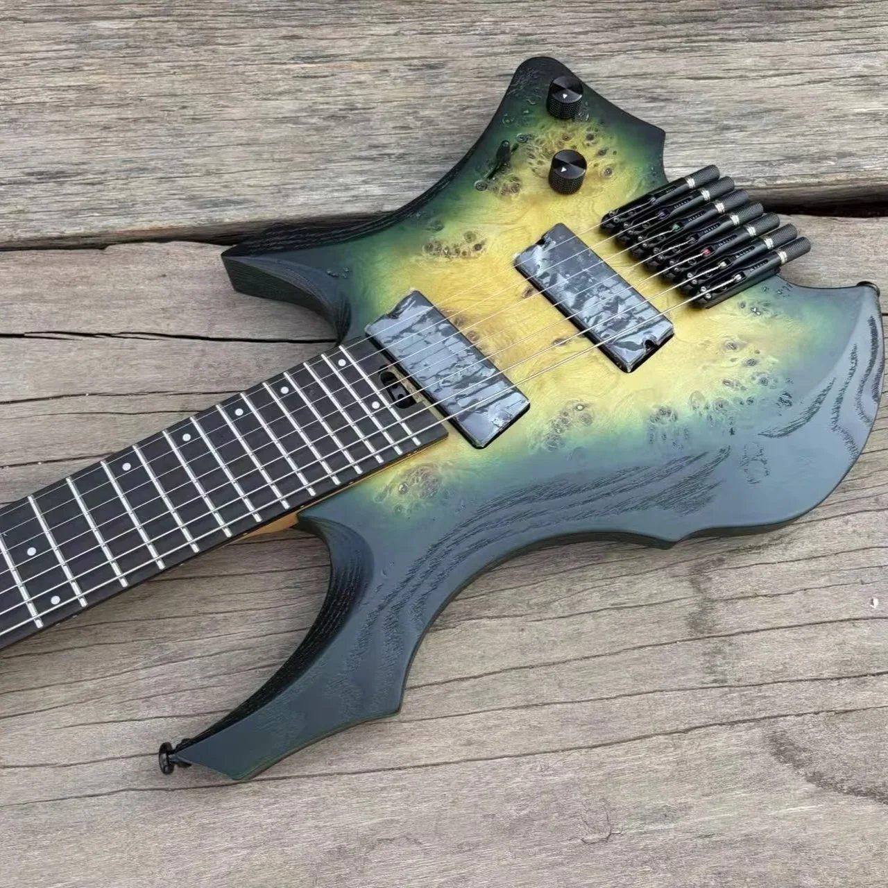 7 String Green fades Yellow Headless Electric Guitar 9 Piece Roasted Maple Neck Fanned Frets Active Pickup Ash Body Burl Maple
