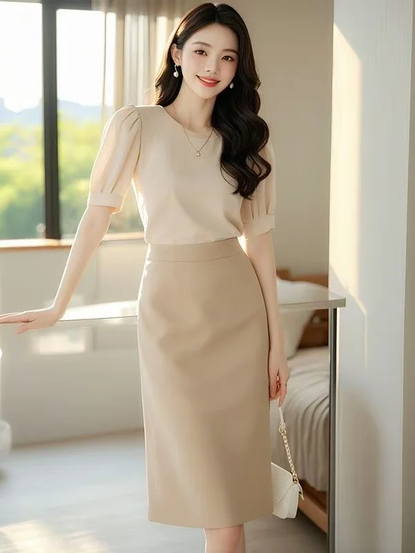 

2Pcs New Solid Women's Skirts + Short Sleeve Blouse Elegant High Waist Office Lady Mid Length Casual Skirts A-line Female