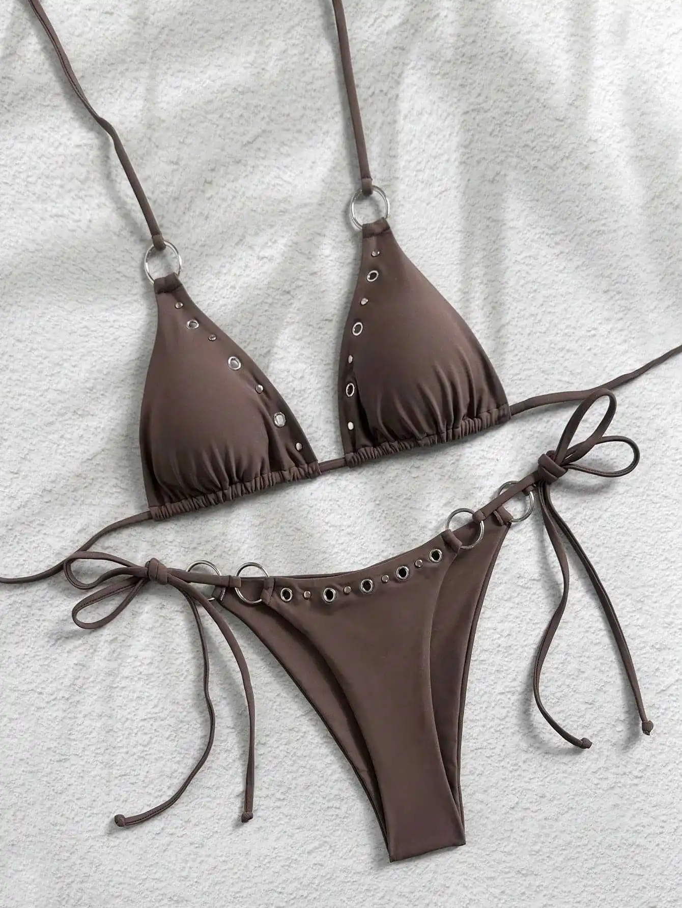 sexy vent hole plain metal ring bikinis sets two pieces high waist halter tie swimsuits bathing suit swimwear biquini tankini