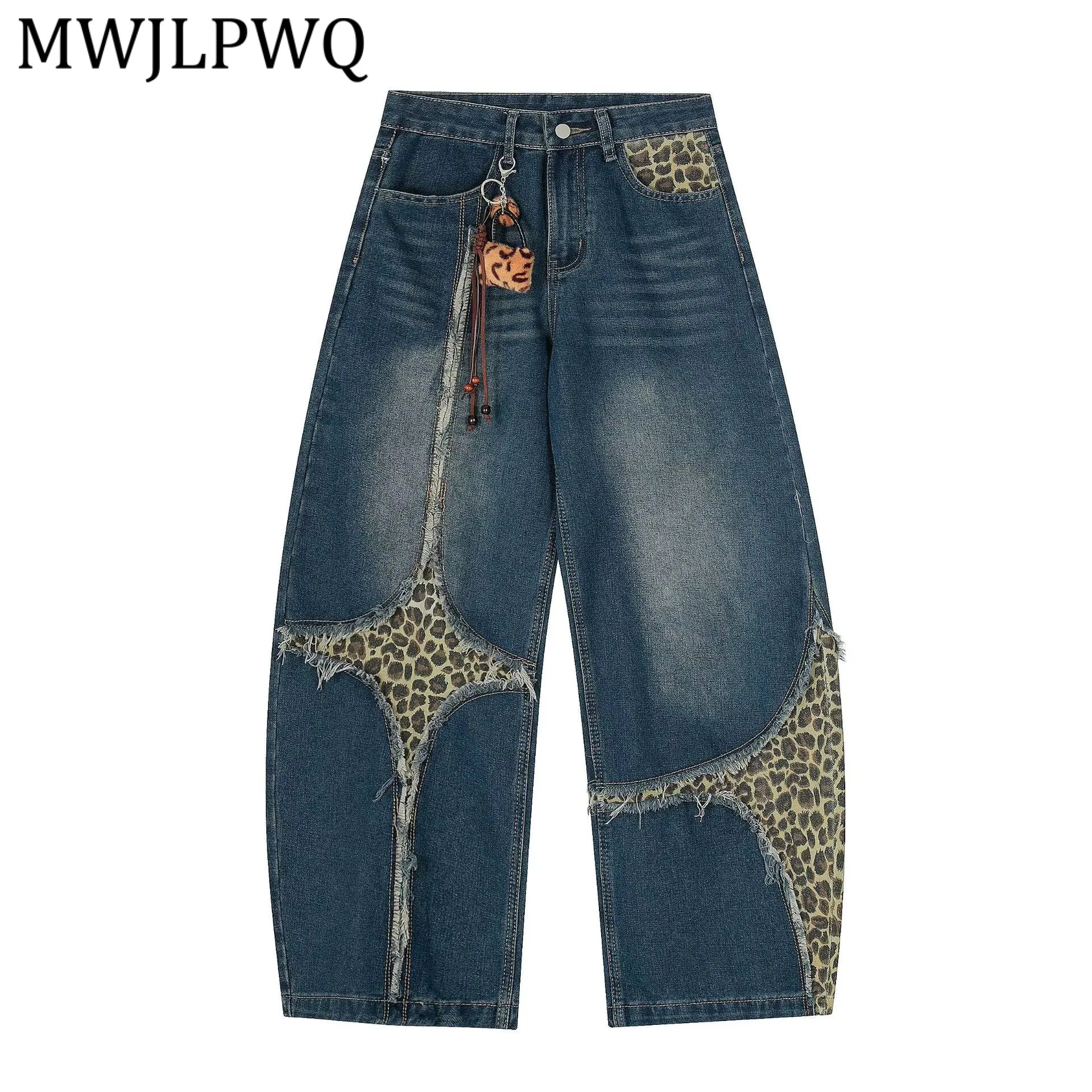 

Джинсы MWJLPWQ в уличном стиле с леопардовым принтом, мужские, американского дизайна, с необработанным краем, широкие, длинные брюки, тренд 2026 года, новинка весны 21961