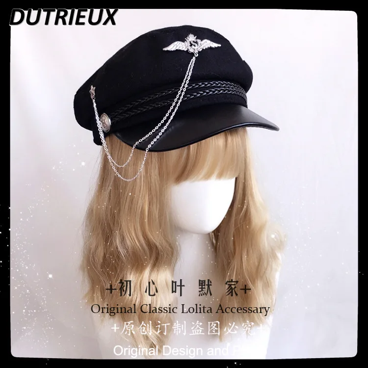 

Japanese Tassel Military Cap Halloween Black Handmade Design Lolita Hat 2023 New Autumn and Winter Beret Accessories Caps Women