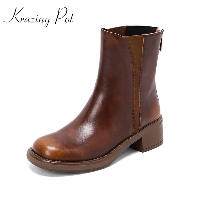 

Krazing Pot Vintage Gladiator Cow Leather Square Toe Med Heels Winter Shoes Western Boots Slip On Street Wear Brand Ankle Boots