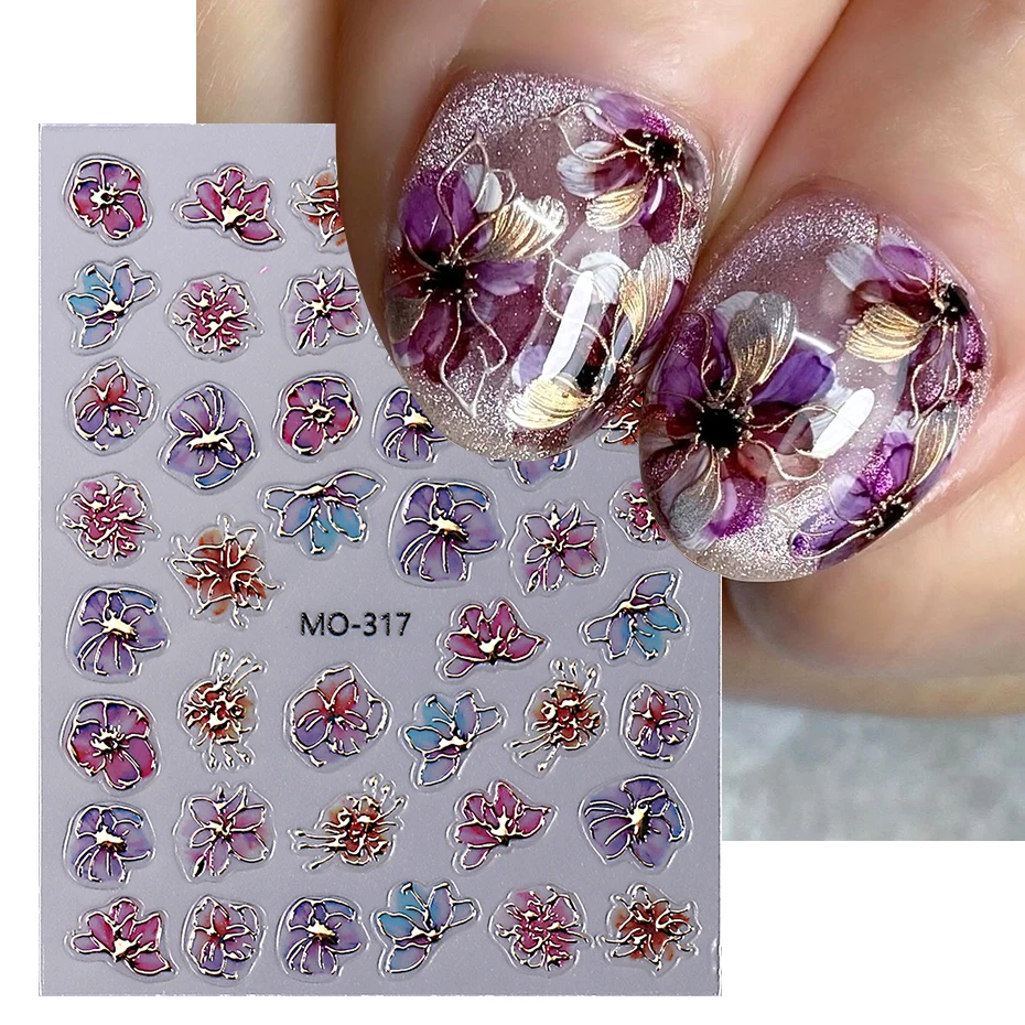 Holographic Purple Flowers Nail Sticker Metallic Blooming Floral Gradient Design Adhesive Decal DIY Charm Elegant Manicure Foils