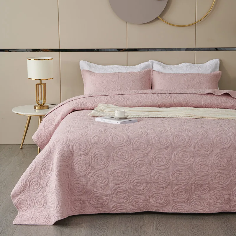 

CHAUSUB Rose Embroidered Cotton Quilts 3pcs Set Solid Color Bedspread on the Bed Queen Size Coverlet Summer Thin Comforter Set