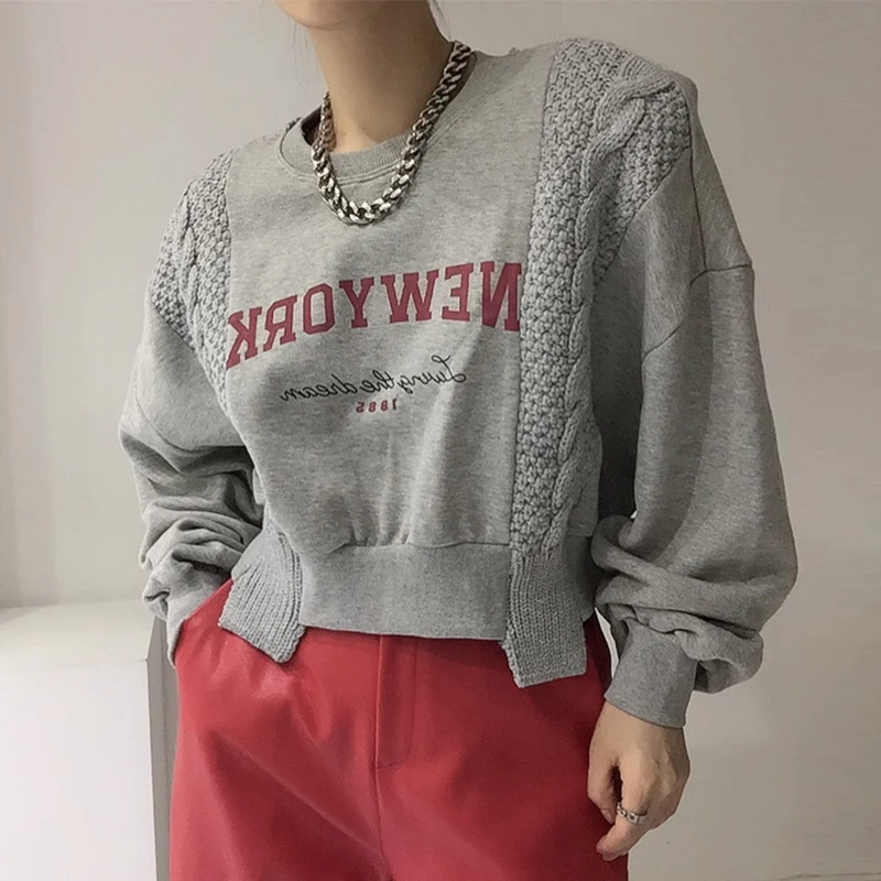 Chique vintage letterprint gebreid patchwork los casual lantaarn Sve sweatshirt dames Faion herfst katoen rond Ne