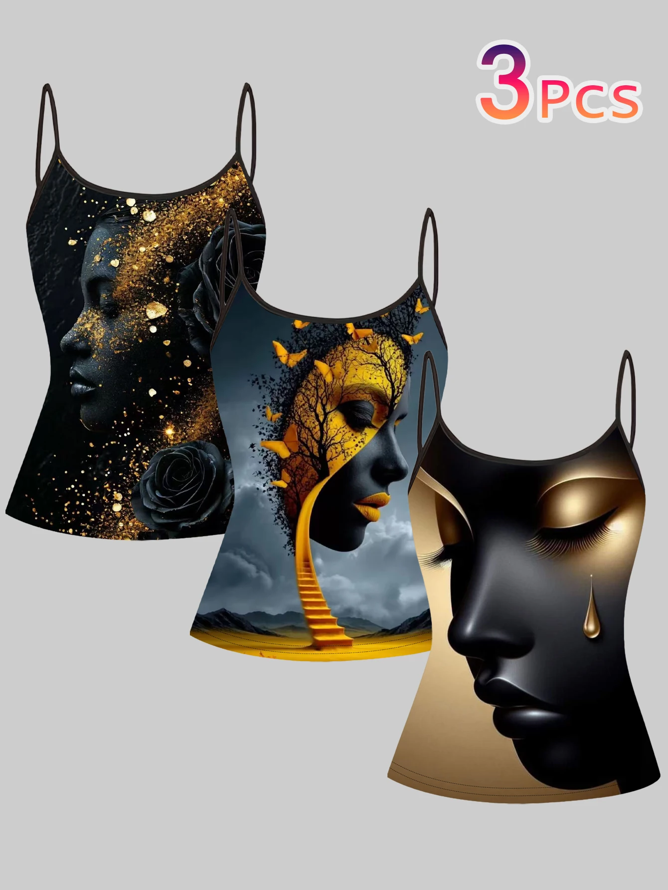 3-Piece Set of Black and Gold Artistic Portrait Print Camisoles for Women, Featuring Abstract Faces, Roses, and Butterflies, Stylish Slim-Fit Sleeveless Tops for Hot Girls