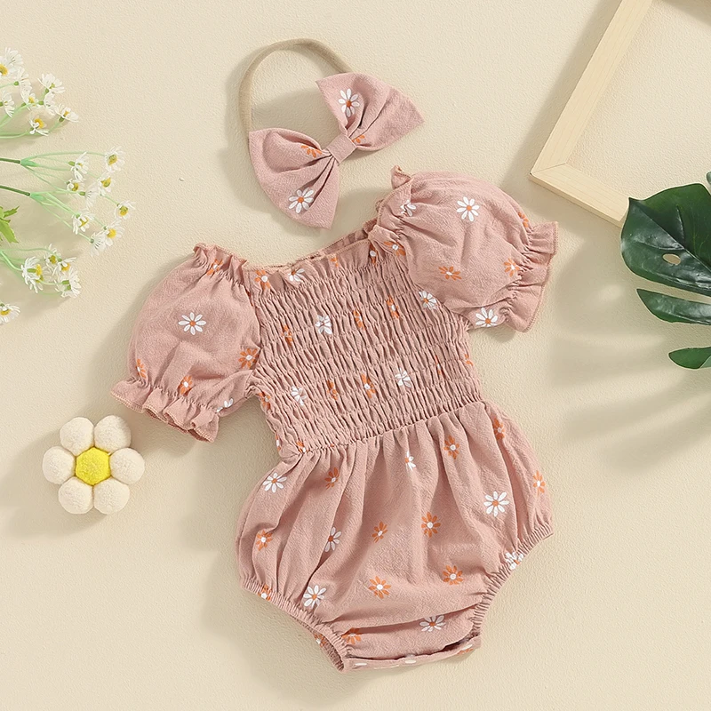

Baby Girl Summer Outfit Floral Bubble Short Sleeve Romper Pleated Bodysuit Tops Headband 2Pcs Cute Clothes