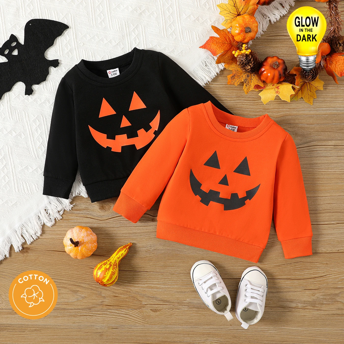 PatPat Halloween Baby Boy/Girl 100% Cotton Long-sleeve Glow In The Dark Pumpkin Face Print Sweatshirt