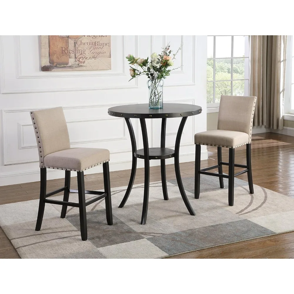 

Biony 3 Piece Set - 36" Round Espresso Bar Table with Nail Head Stools, Tan