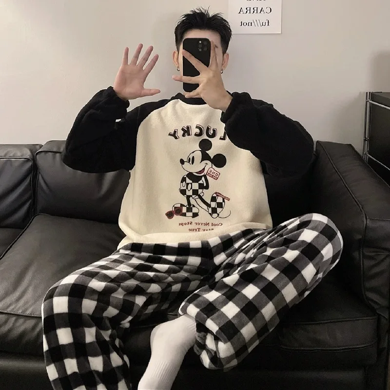 

Kawaii New Coral Fleece Winter Thickened Large Size Casual Loose Flannel Home Clothes Men's Set Style Sweatshirt Pants Cartoon