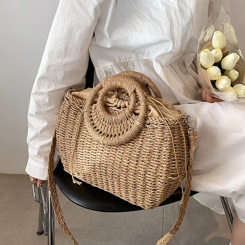 Ladies Round Handle Straw Tote Bags for Women 2023 Summer Hit Trendy Fashion Shoulder Side Bag Lady Beach Handbags