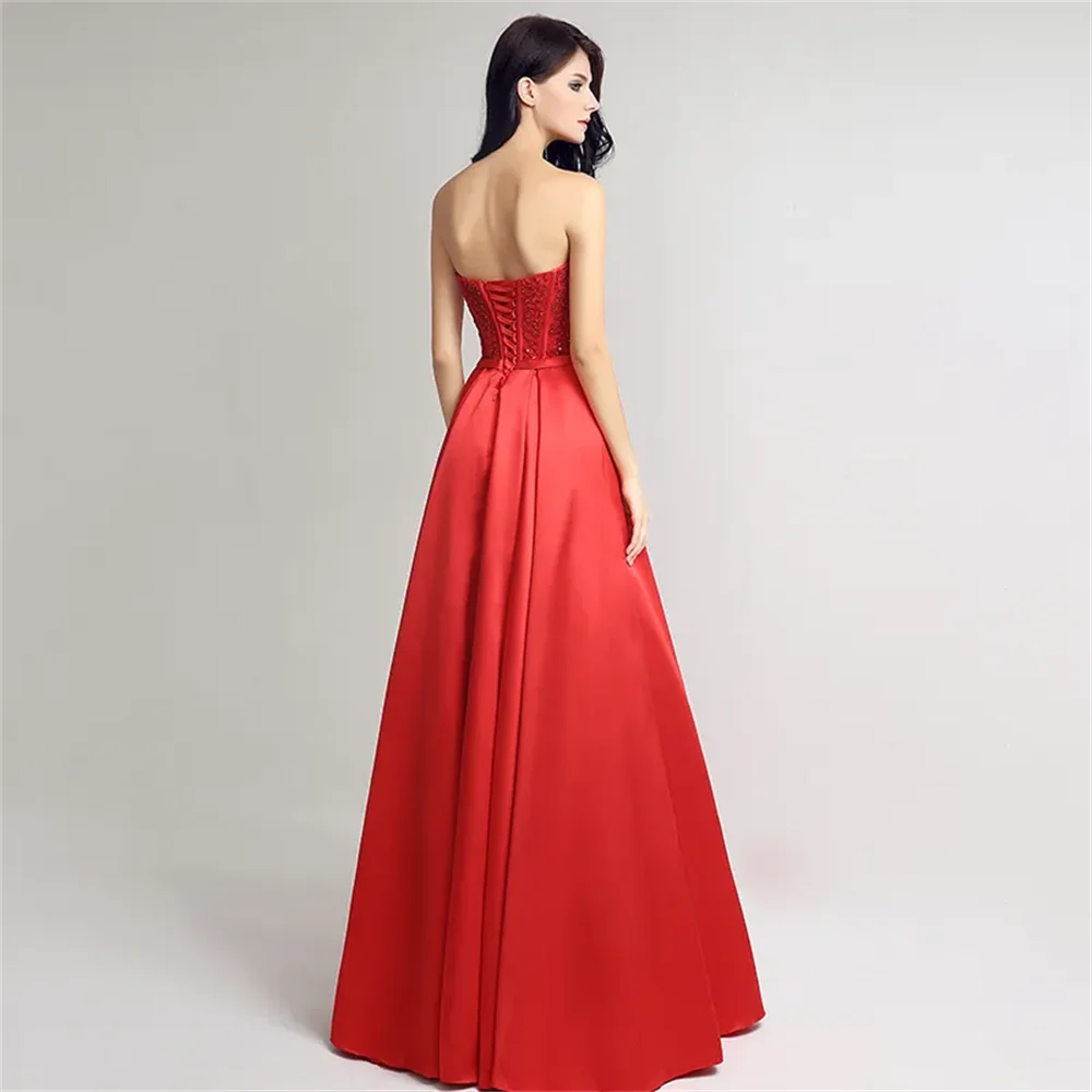 2024 New Spring And Summer Bra Formal Evening Dresses Red Satin Back Strap long Beaded Ball Prom Gown