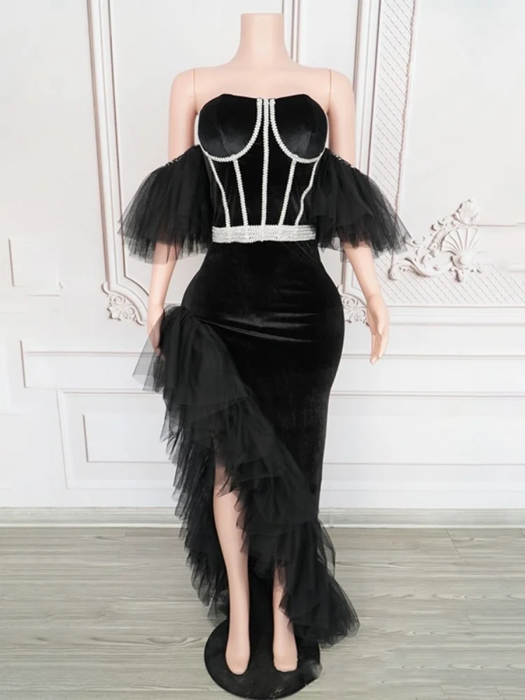 

Women 2025 Black Velvet Evening Dress Singer Performance Party Dress Gogo Costume Stage Festival Outfit Luxury Birthday Dresses
