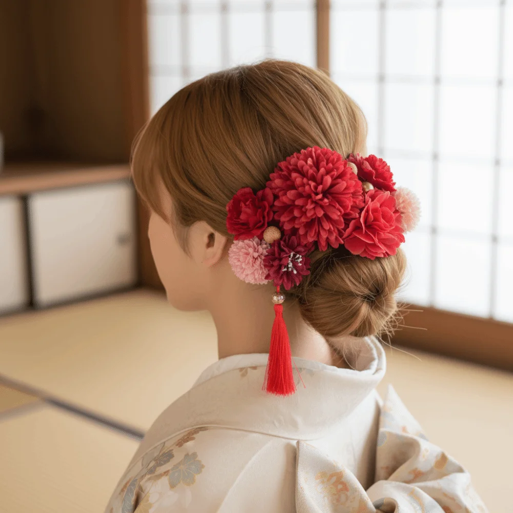 

Цветочные вилки для волос в японском стиле, цветочное японское кимоно ручной работы, заколки для волос, винтажные тканевые кисточки, палочка для волос, фестиваль юката