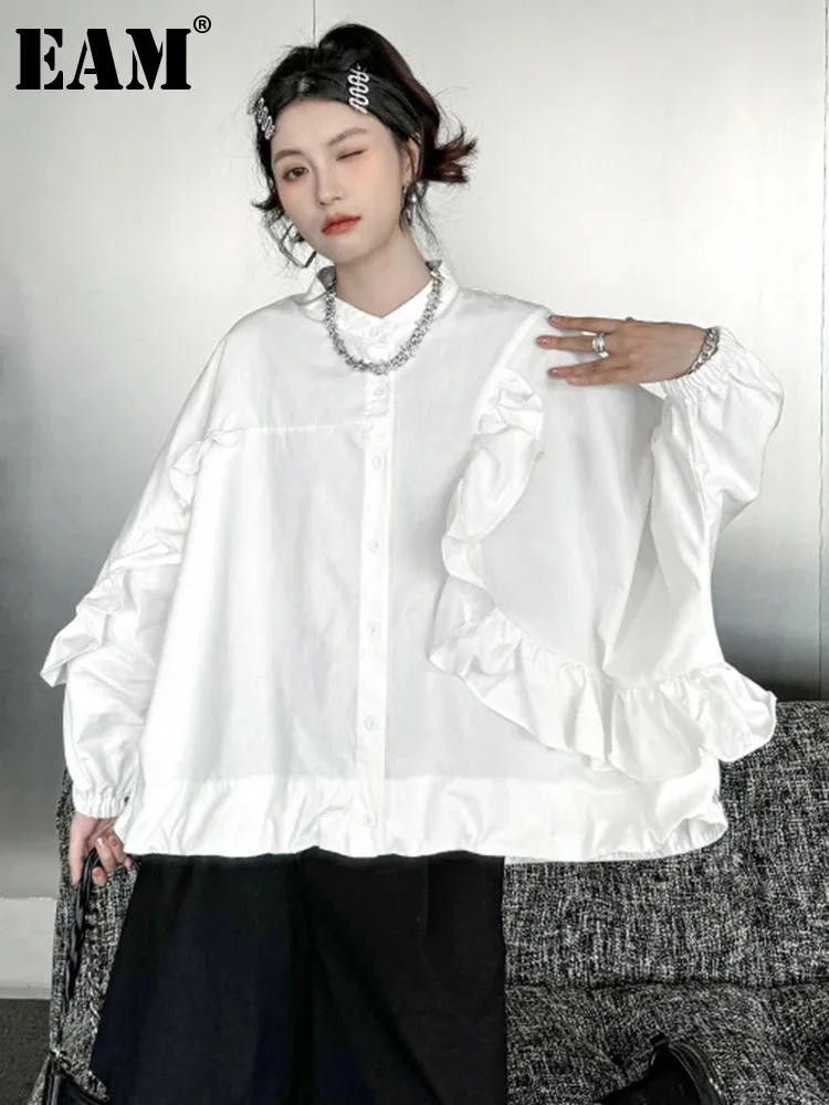 

[EAM] Women White Big Irregular Casual Blouse New Stand Collar Long Sleeve Loose Shirt Fashion Tide Spring Autumn 2024 1DH4418