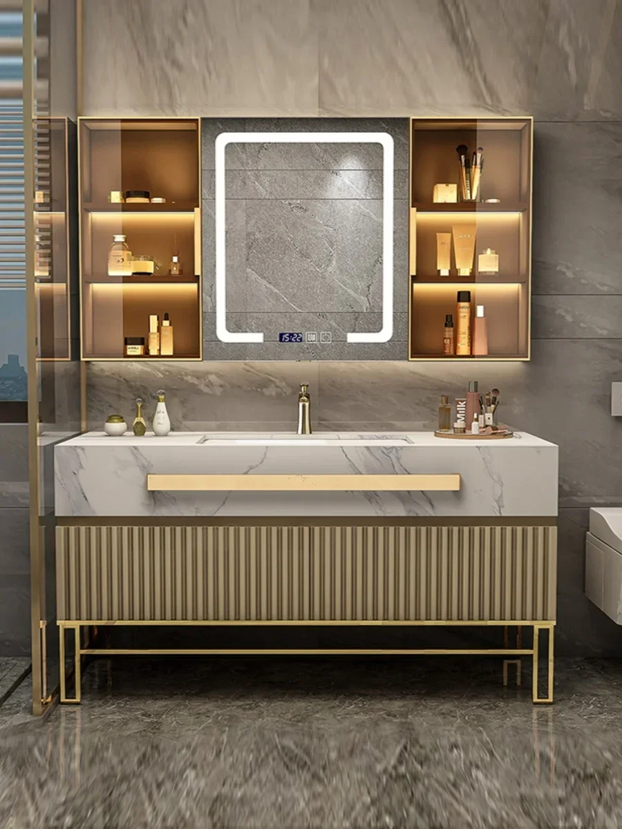 Modern Simple Oak Bathroom Cabinet Combination, Customized Basin Cabinet, Ceramic Rock Plate Seamless Integrated Basin