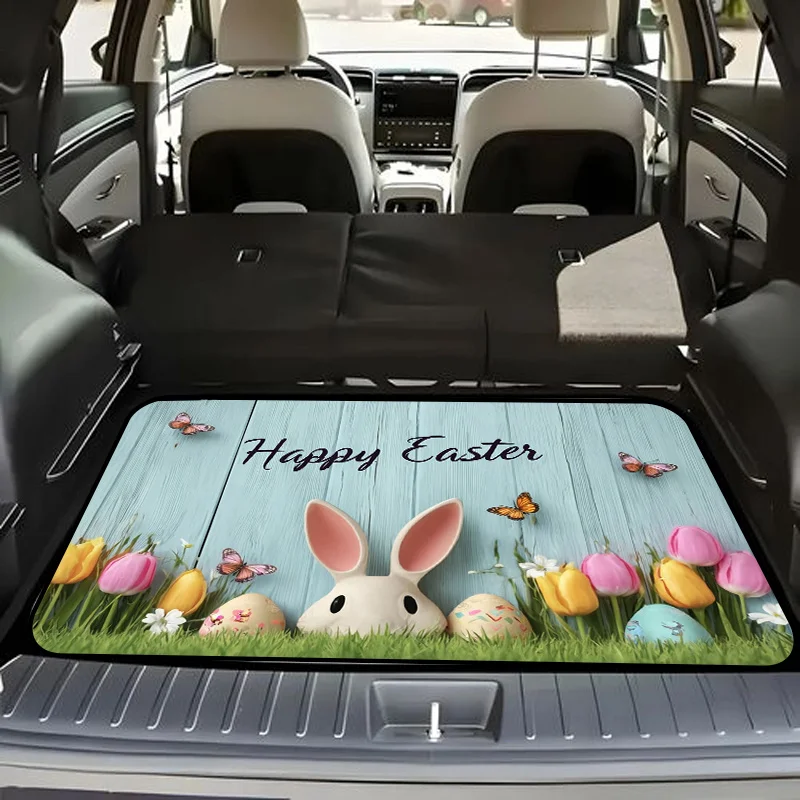 One Stylish Car Trunk Mat Featuring A Cheerful Easter Design With A Fluffy Bunny, Pastel-Colored Eggs, Bright Tulips, And Butter