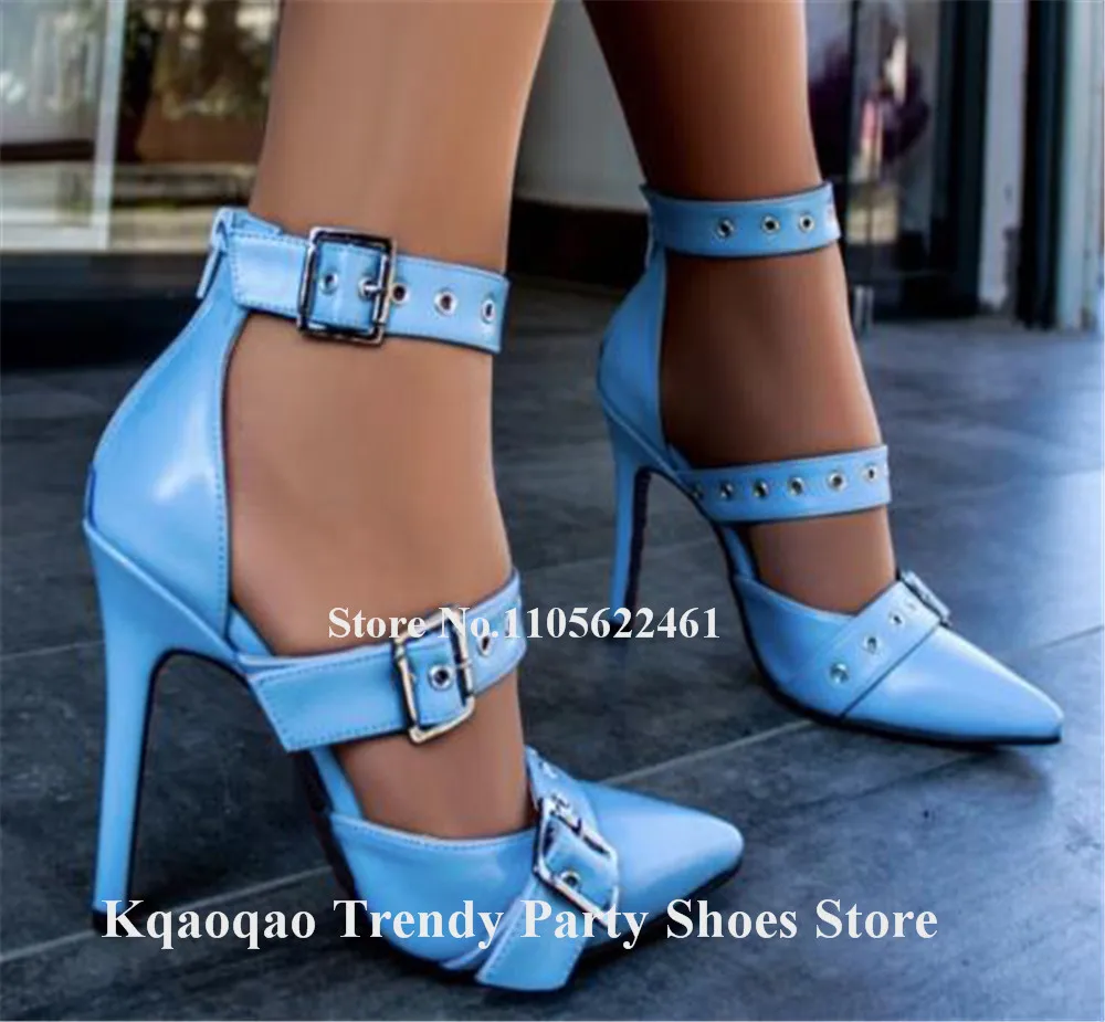 Kqaoqao Elegant Blue Pink Green Matte Leather Stiletto Heel Pumps Pointed Toe Straps Buckles Thin Heel Party Heel Big Size Shoes