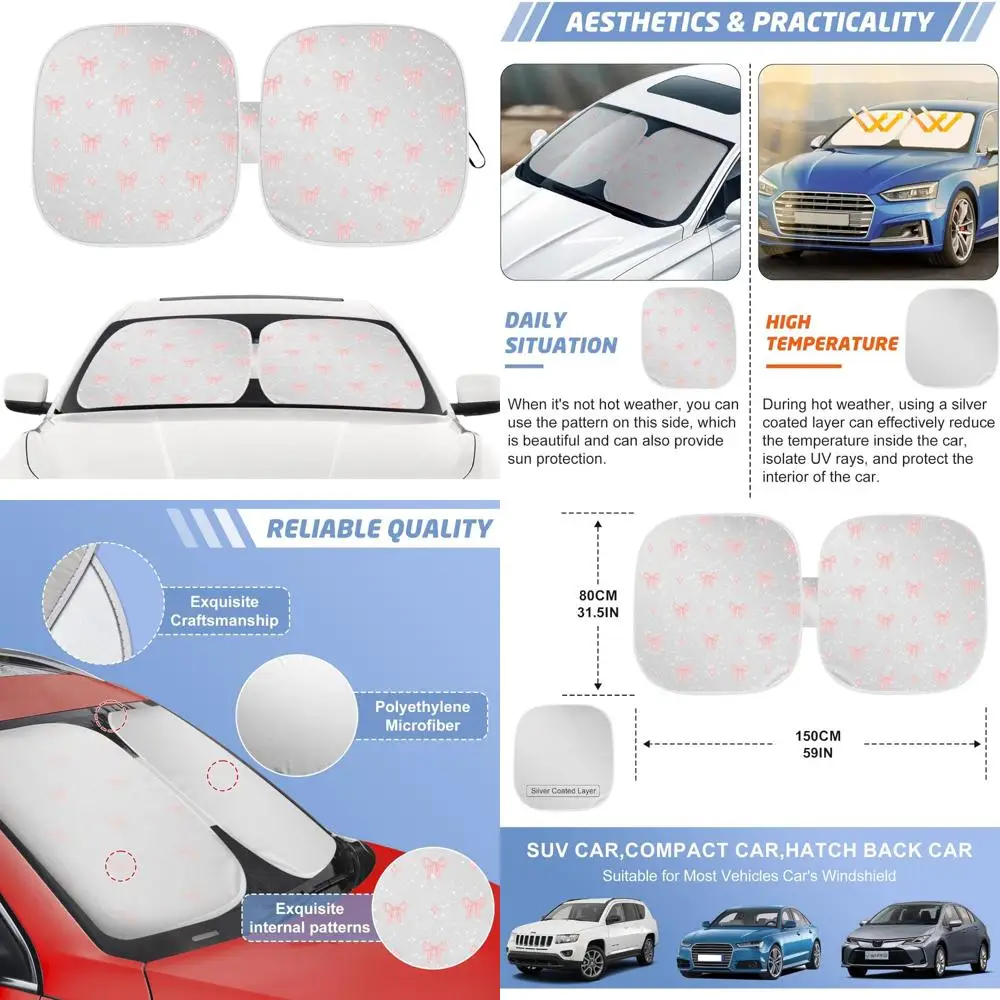 

pink bow car windshield sun shade, foldable uv protection window sunshade with silver edging & storage pouch, auto interior acce