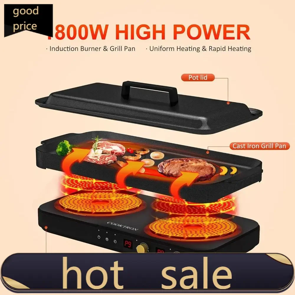 

Портативная индукционная плита с двумя конфорками и съемной чугунной сковородой-гриль, 1800 Вт, антипригарное покрытие, защитный замок, T
