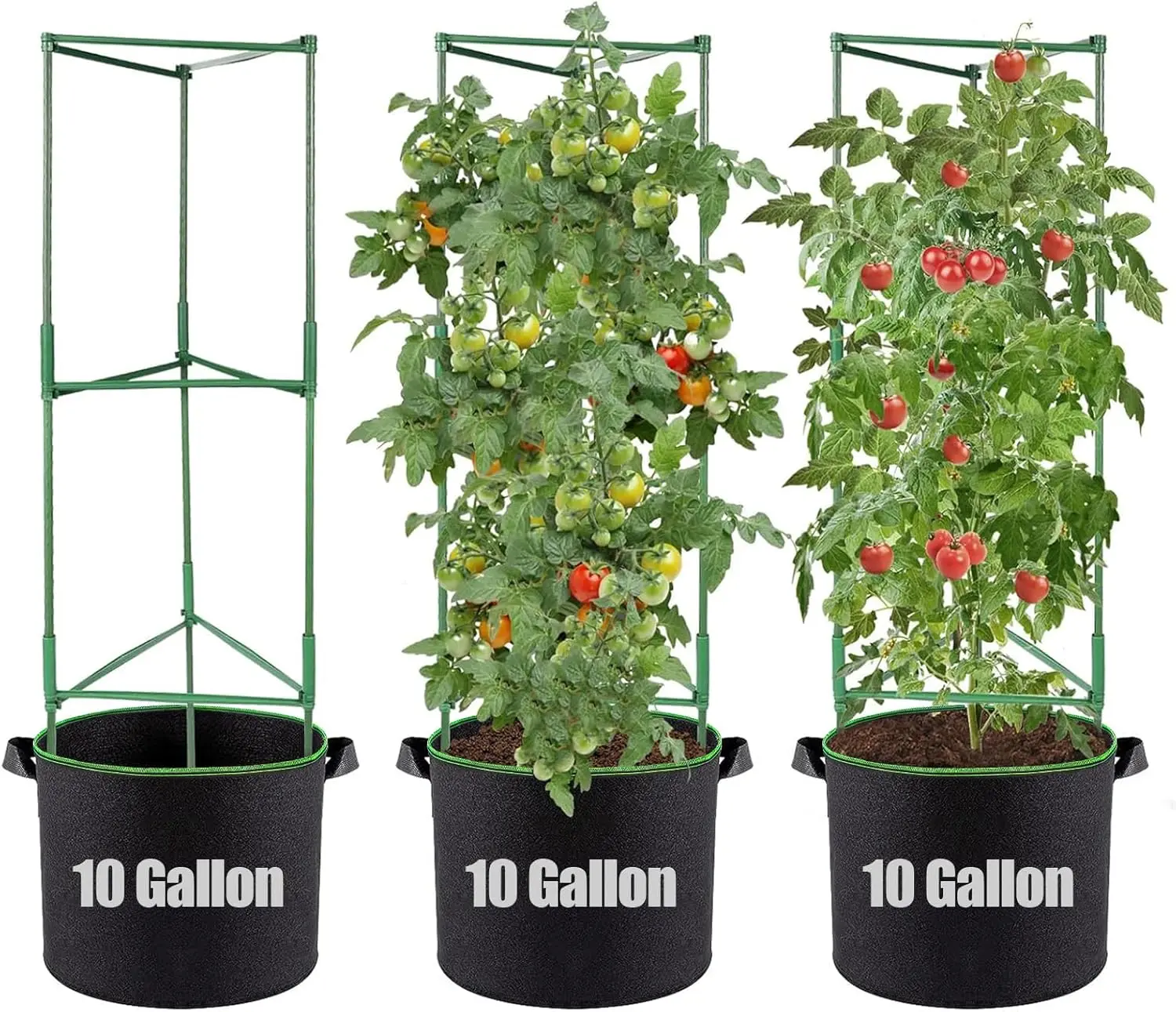 

3 комплекта опор для томатов с мешками для выращивания объемом 10 галлонов - 48-дюймовые устойчивые садовые кашпо, горшки-решетки для цветов и овощей для томатов