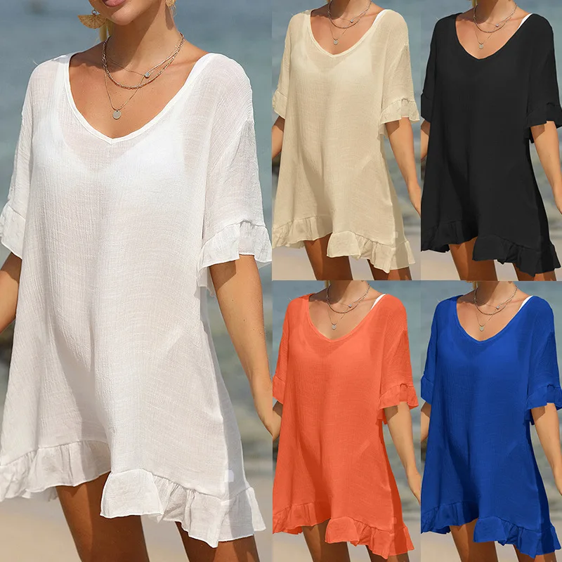 فستان كاجول بلون سادة مثير مكشكش بيكيني فستان شاطئ شفاف ملابس صيفية للنساء ملابس شاطئ بدلة سباحة تغطية