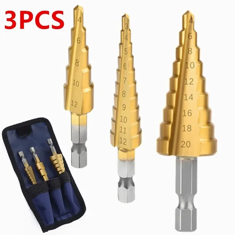 3-12 4 -12 4-20MM HSS Straight Fluted Pagoda Step Drill 3Pcs Cloth Bag Hex Shank Reamer Bit Set Titanium Coated Wood Metal Hole