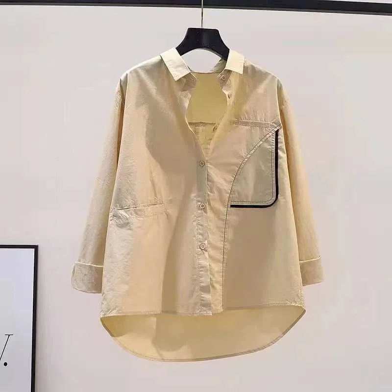 

Рубашки из 95% хлопка, абрикосовые свободные рубашки с длинными рукавами, базовые повседневные трендовые корейские стильные модные блузки с воротником-поло, женские офисные топы