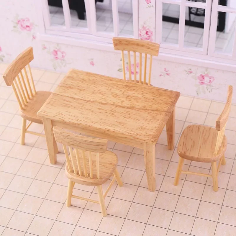 Miniature Items 1:12 BJD Dolls Dining Table 5pcs Table and Chair Set Ob11 Doll House Kitchen Accessories Wooden Furniture Toys