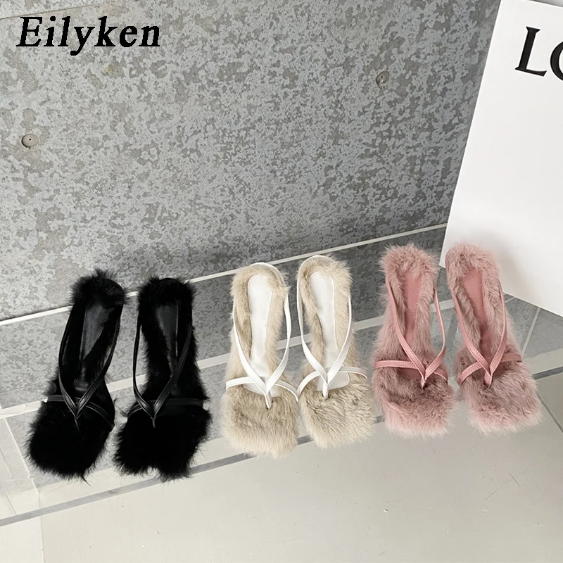 Eilyken 2024 Designer Faux Fur Feather Square Clip Toe Women Slippers Summer Shallow High Heels Flip Flops Slide Shoes