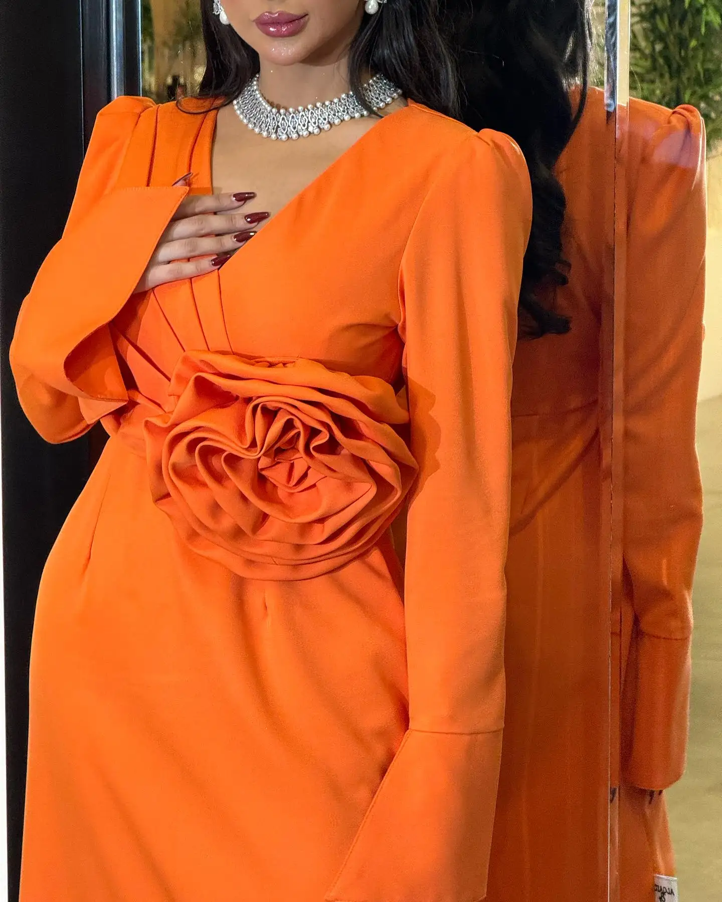 

Aenyrst Saudi Arabia Elegant V Neck Prom Dress Women Floral Orange Party Evening Dresses Ankle Length Formal Occasion Gowns 2024