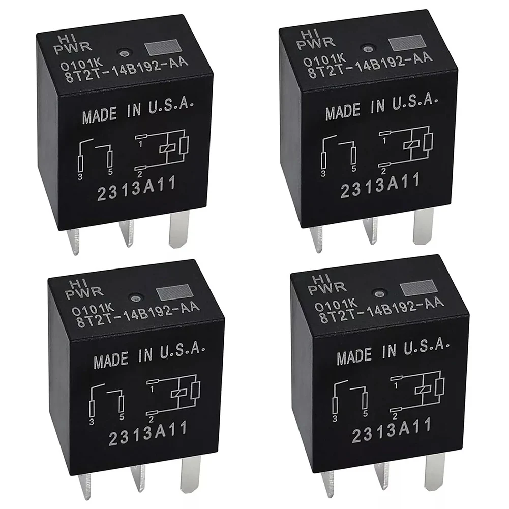 A Complete Kit of Automotive Power Relays Featuring a Total of Four Units Operating on a Voltage Rating of Twelve Volts DC