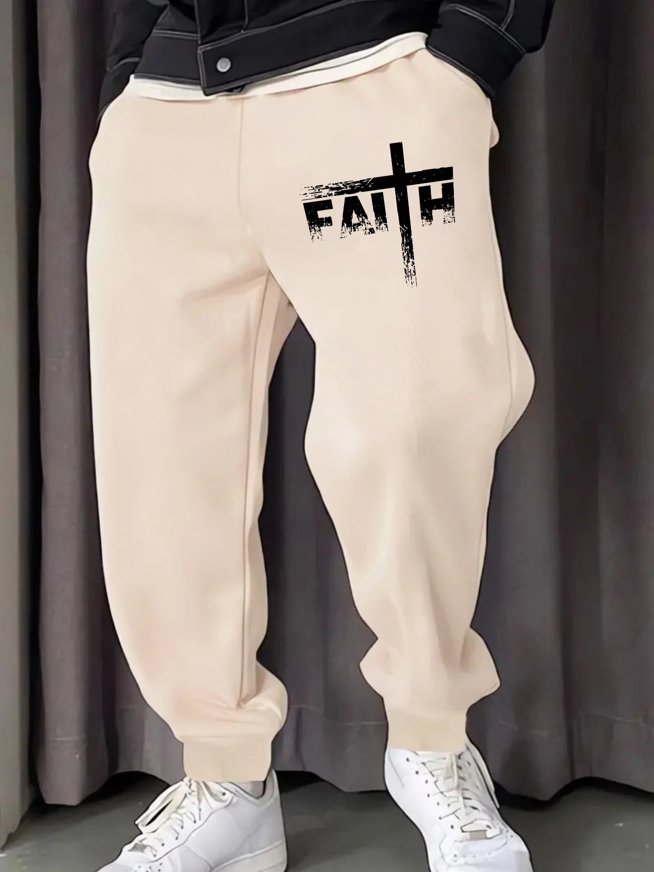 

Creative Faith Letter Print Men Long Pants Fleece Fashion Sweatpants Casual Autumn Trousers Pocket Comfortable Jogging Pant