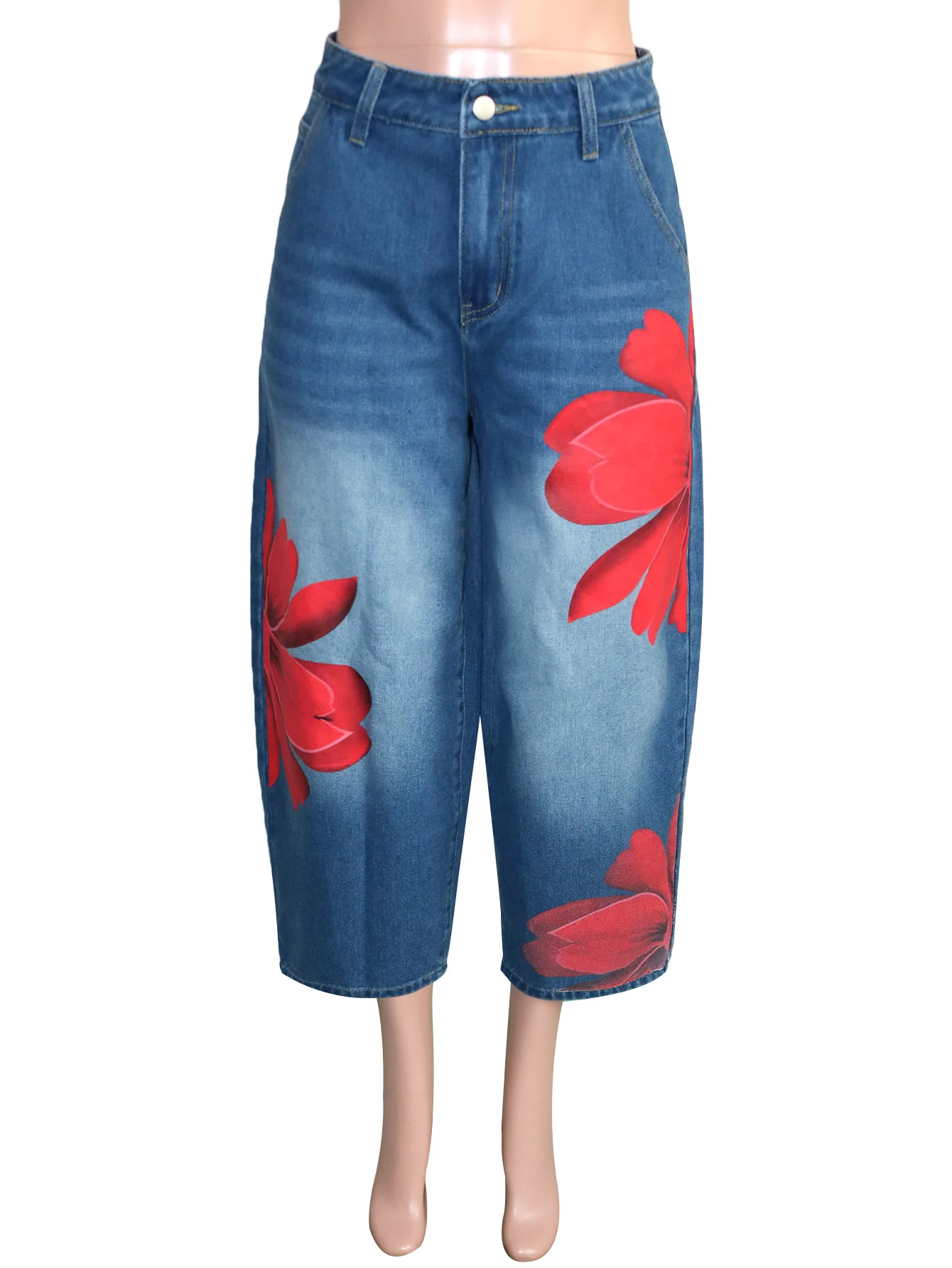 High Waist Loose Wide Leg Lantern Seven Inch Pants Women's Jeans Floral Print Retro Style Cross-Border Cotton Denim