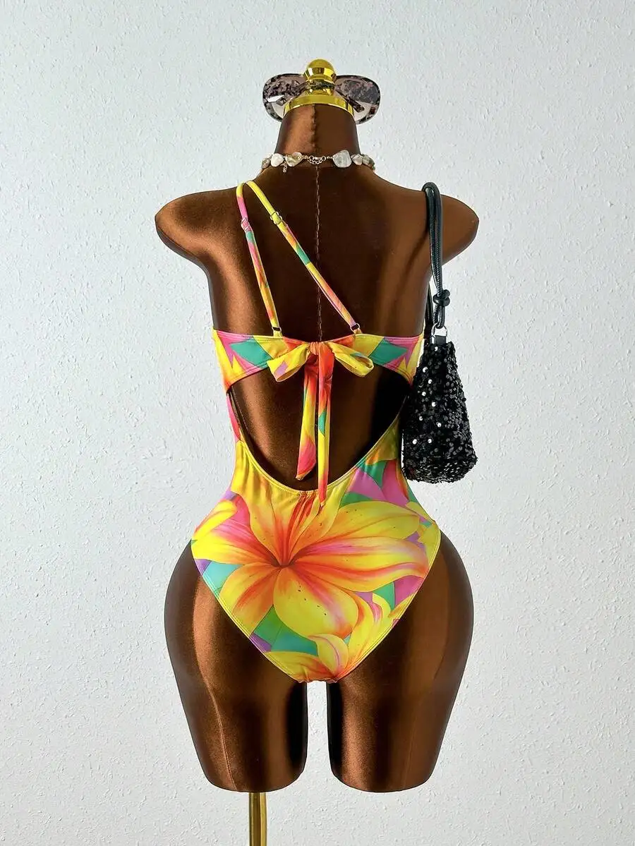 

Women Floral Print Hollow Out Backless One Piece Swimsuit For Beach Vacation Summer