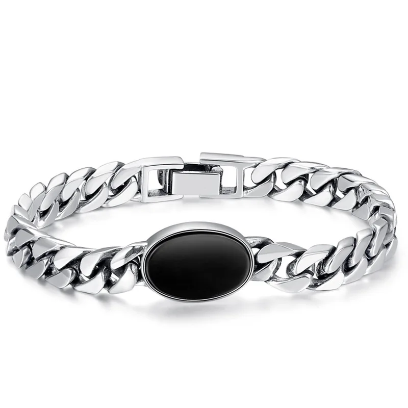 Chunky Cuban Link Bracelet for Men Black Onyx Stone Hand Woven Niche Luxury Cool Punk Trendy Simple Fashion Jewelry Gift