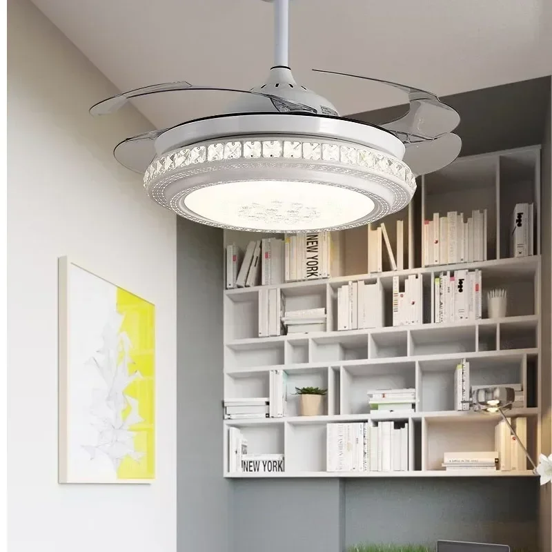 Invisible Ceiling Fan With Light Living Room Dining Bedroom Remote Control DC Motor 6 Speeds  Crystal Chandeliers Ceiling Fans