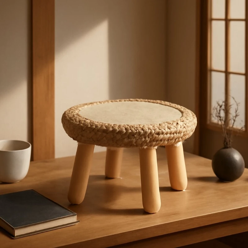 Solid Wood Rattan Bay Window Coffee Table,Woven Tatami Floor Accent ,Lift Top Side Table for Living Room，Tea Desk with Storage