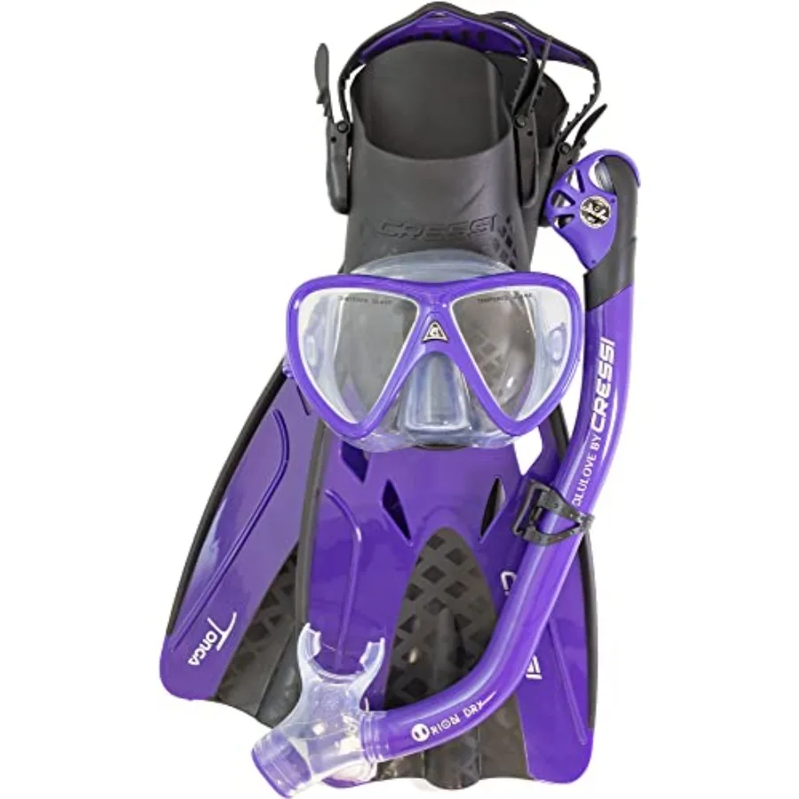 

Adult Complete Snorkeling Set for travel: silicone mask, dry snorkel, adjustable fins lightweight, Italian-designed Tonga Pro D