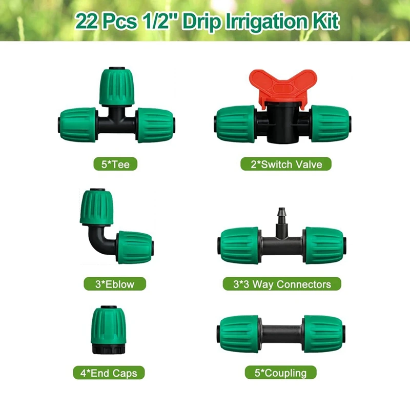 22 Pieces Drip Irrigation Fittings Kit For 1/2 Inch Pipe, Drip Irrigation Pipe Parts For Sprinkler System