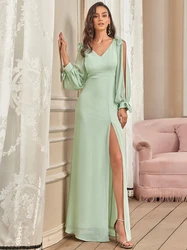 Elegant Evening Dress Long A-LINE V-Neck Full Sleeves Floor-Length Mint Green Gown 2025 ever pretty of Chiffon Bridesmaid Dress