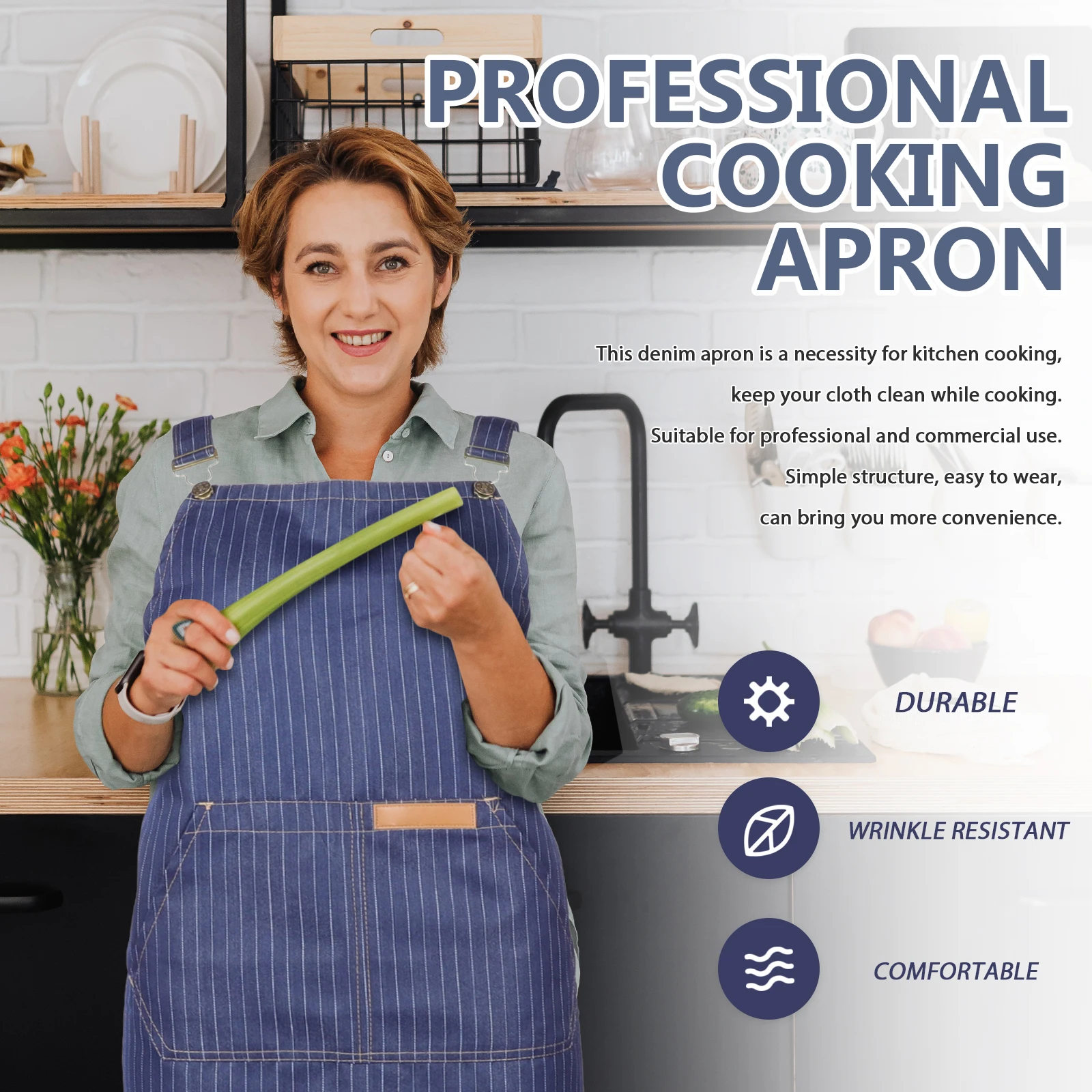 

Denim Apron for Men Women Blue Work Clothes Chef Cooking BBQ Hairdresser Stylist Server Gardening Long Term