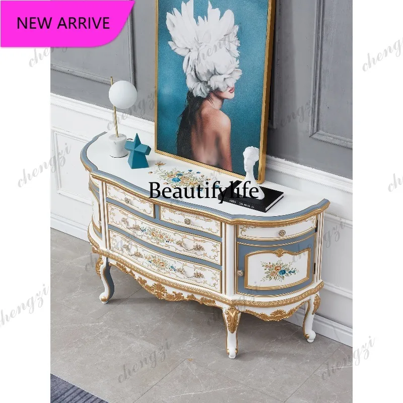 

P3 Luxury French retro entrance living room semi-round court hand-painted dining side cabinet storage chest cabinet