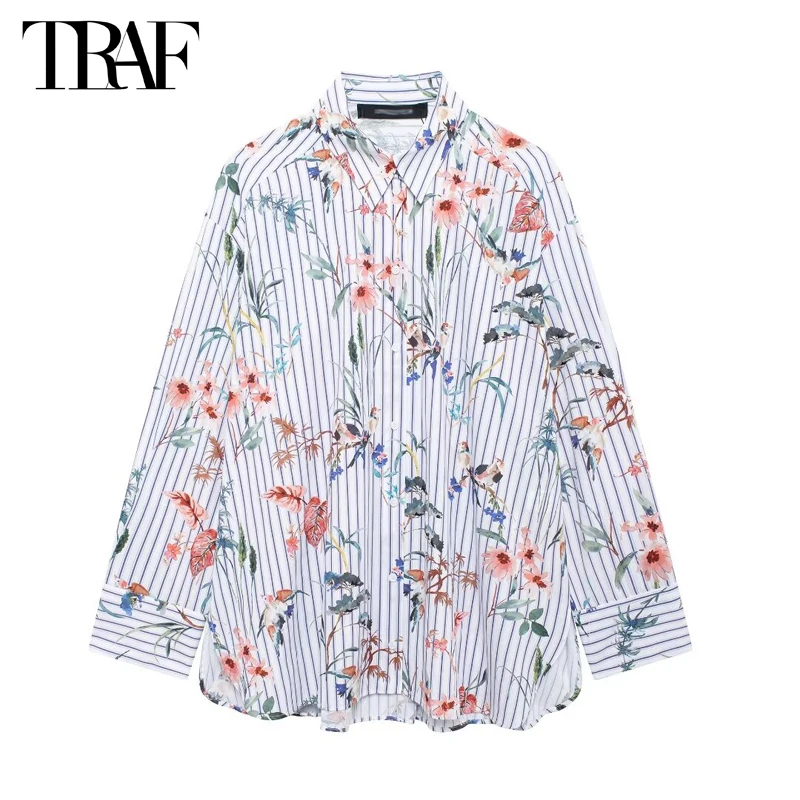 TRAF 2024 Floral Striped Shirts for Women Summer Oversized Shirt Women Collar Button up Shirt Woman Long Sleeve Women\'s Shirts