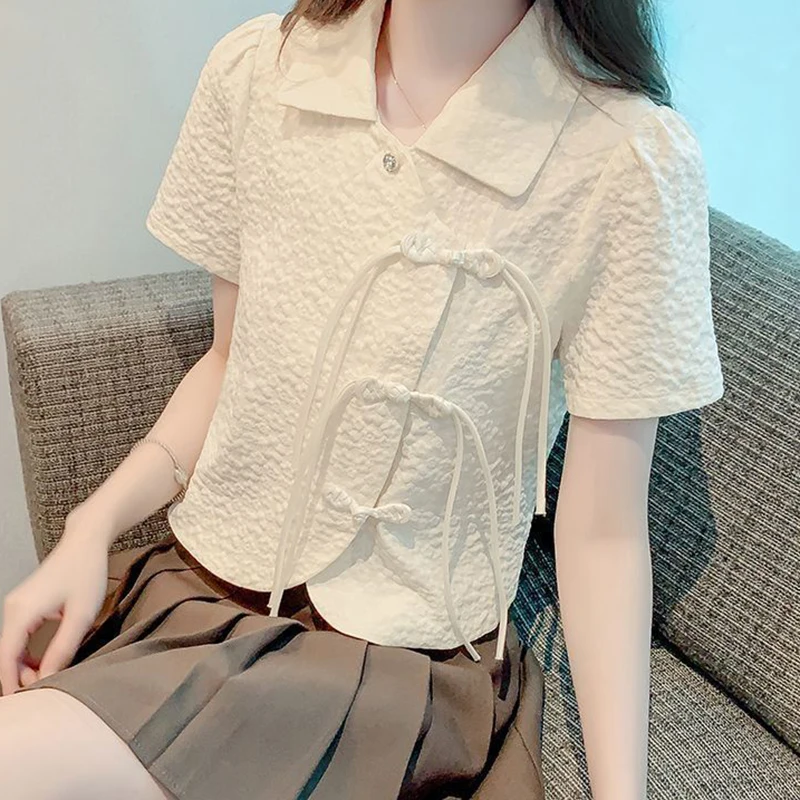 Top women's summer dress 2024 new retro buckle Joker temperament cheongsam chiffon shirt western style shirt short shirt