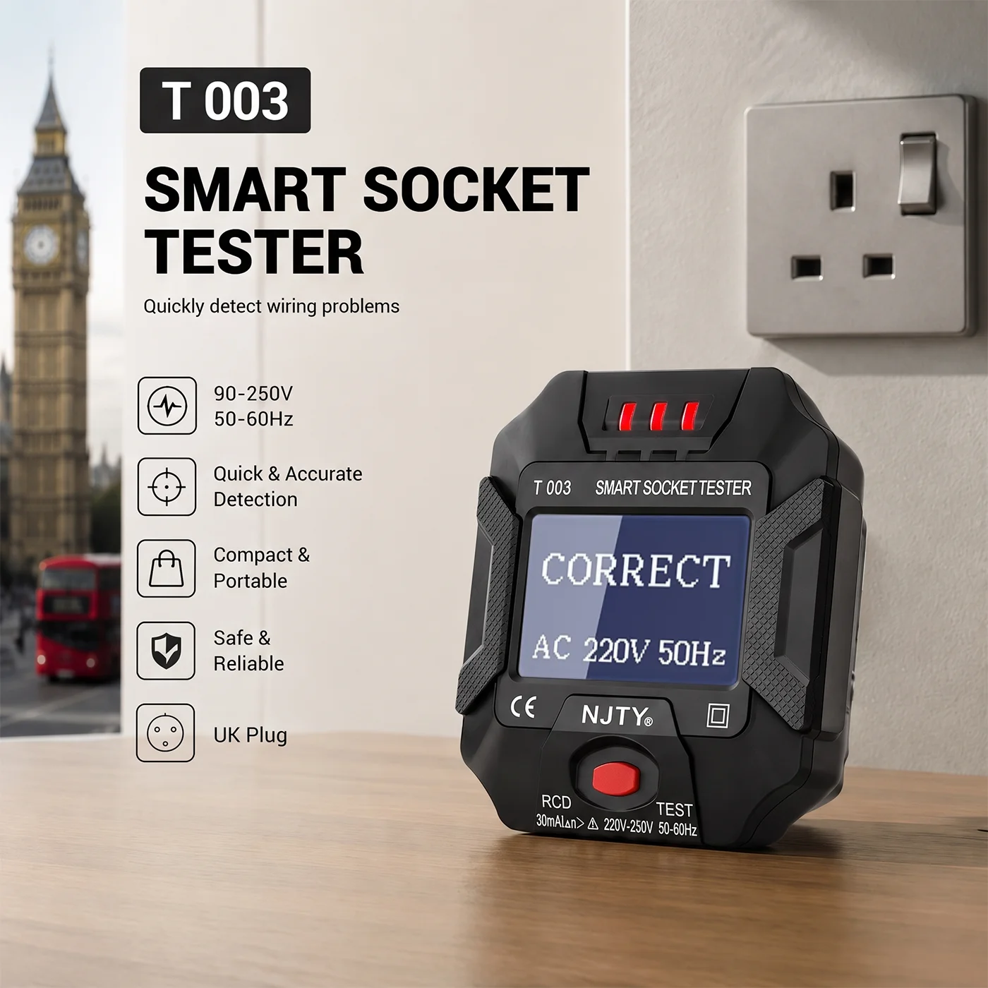 Power Tools Uk Review - Probador de Enchufes LCD Digital Testor,