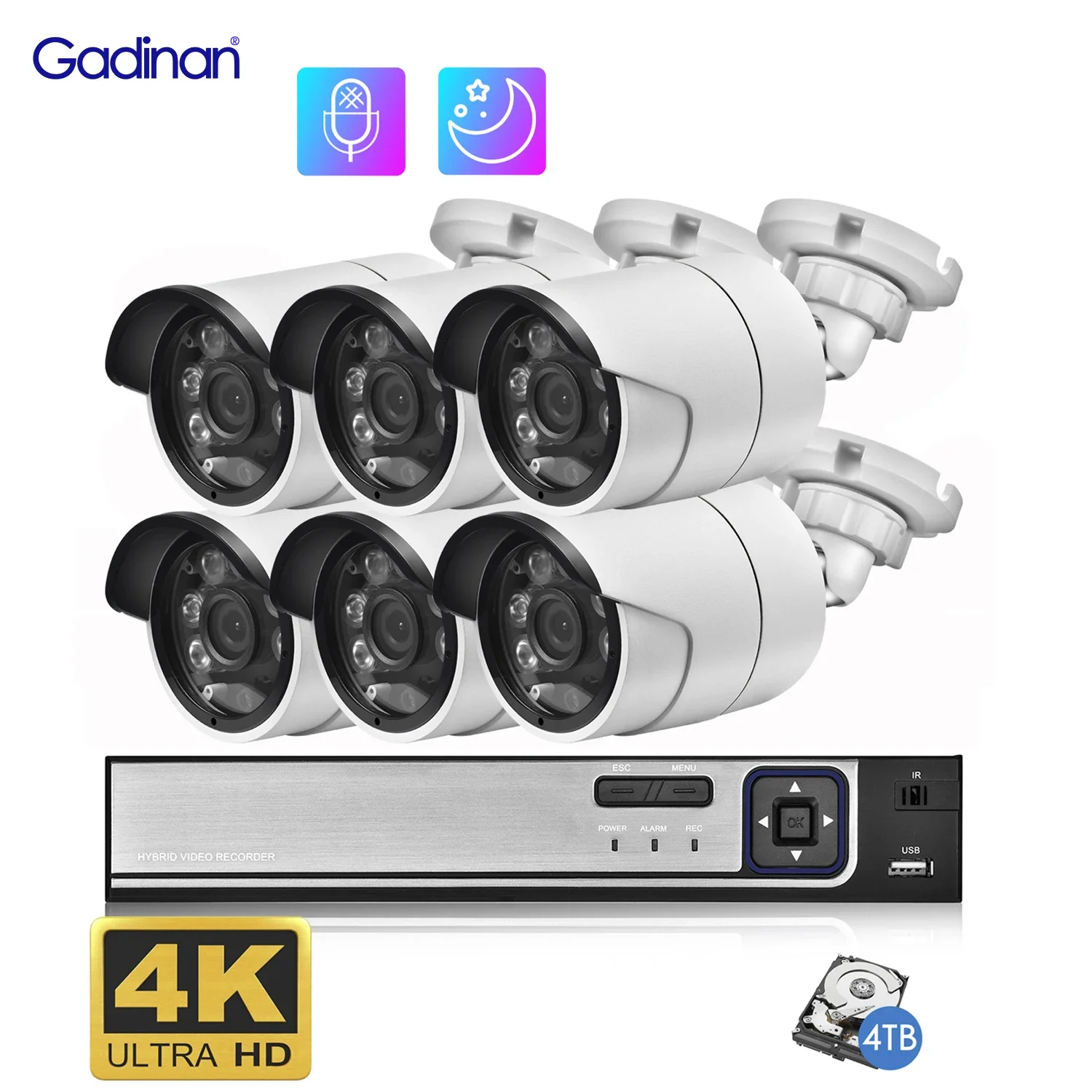 Gadinan H.265 8MP IP Camera 8CH POE NVR System Outdoor Night Vision Audio Video Surveillance Kit Security Protection CCTV Camera