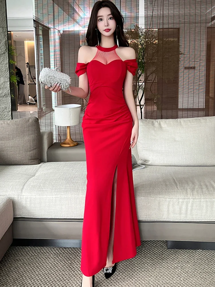เกาหลีวินเทจหรูหราชุด 2025 Elegant Bodycon Party Dressผู้หญิงสีแดงPatchworkตาข่ายSheer Offไหล่ชุดยาวเซ็กซี่ฤดูร้อน